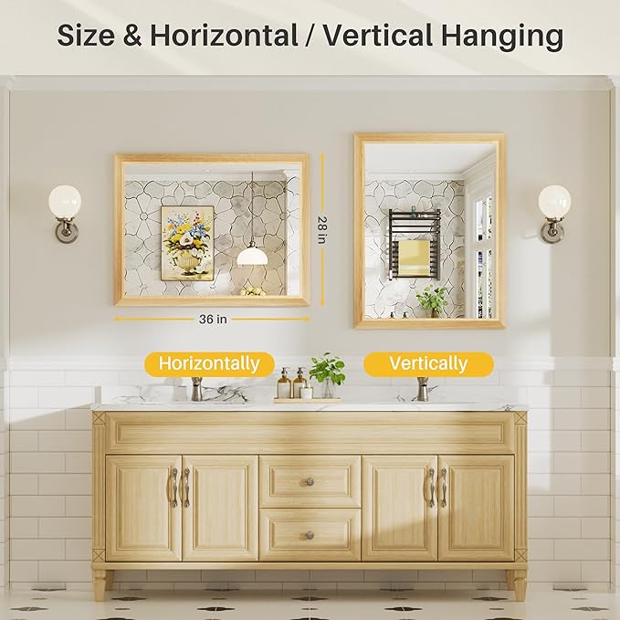 28x36 Inch Bathroom Mirror for Wall, Anti-Rust Oak Wood Grain Metal Framed