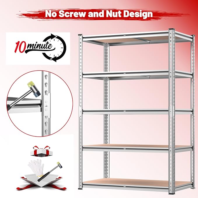 REIBII 2020LBS Garage Shelving Heavy Duty Metal Shelving 5 Tier Storage Shelves, Metal Shelves for Warehouse Basement, Easy Assembly, 72" H x 35.55" W x 16" D, Galvanized, 3 Pack