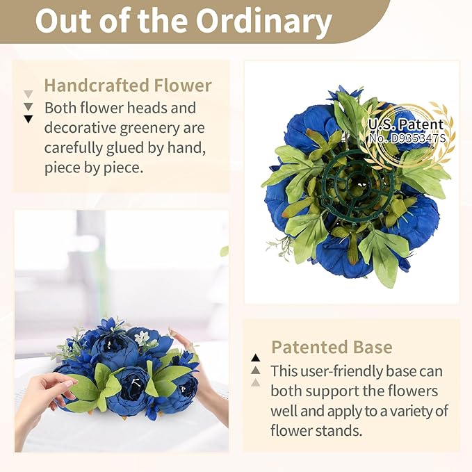 NUPTIO Flower Ball Arrangement Bouquet: 10 Pcs 9.4 inch Diam Royal Blue Faux Peony Flowers Balls for Wedding Centerpiece Decorations Fake Peonies Artificial Flower Centerpieces for Tables