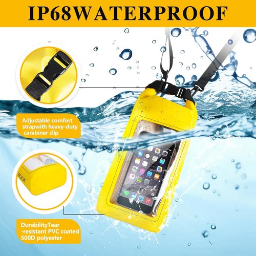 IP68 Waterproof Dry Bag - 2L Roll Top Pool Bag with Phone Pouch for Kayaking & Boating (Yellow)