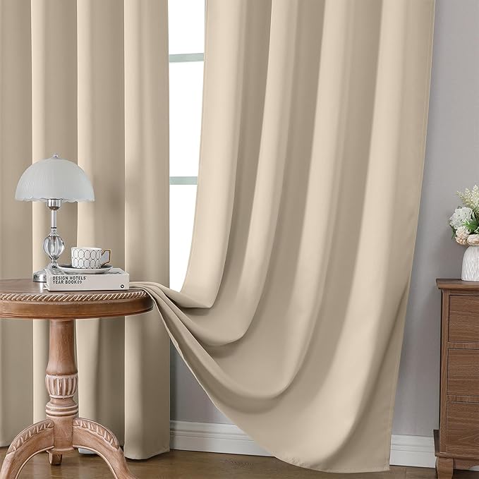 CUCRAF Light Beige Blackout Curtains 63 inch Length 2 Panels Set, Rod Pocket