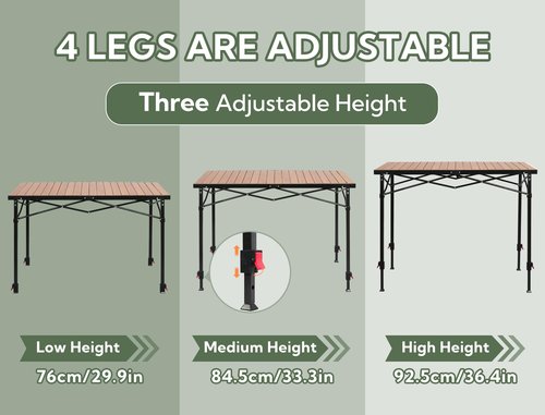 Join Nature Portable Outdoor Adjustable Height Camping Table, Large for 2-6 Person, Foldable Roll-up Aluminum Camp Table with Carry Bag for Picnic, Camp, Sturdy, Stable, Loads 220 Lbs