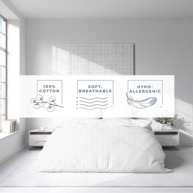 Kotton Culture 3 Pc Twin Size Duvet Cover Set- 100% Egyptian Cotton Sateen 600 TC Ultra Soft Premium Durable Comforter Cover Zipper Closure & Corner Ties (Striped White, Twin/Twin XL 68" X 90")