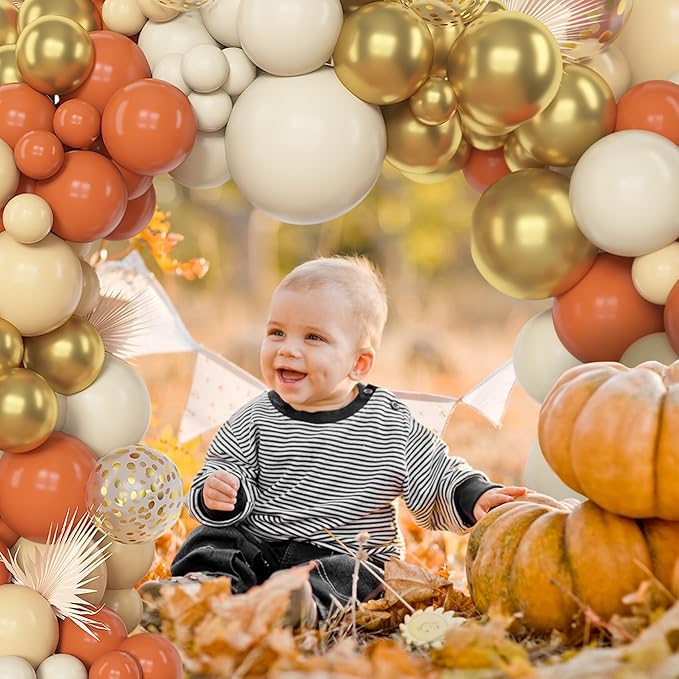 Amandir 153pcs Orange Balloon Arch Garland Kit, Different Sizes 18 12 10 5inch Latex Metallic Gold Confetti White Sand Pastel Orange Fall Balloons for Pumpkin Baby Shower Birthday Party Decorations