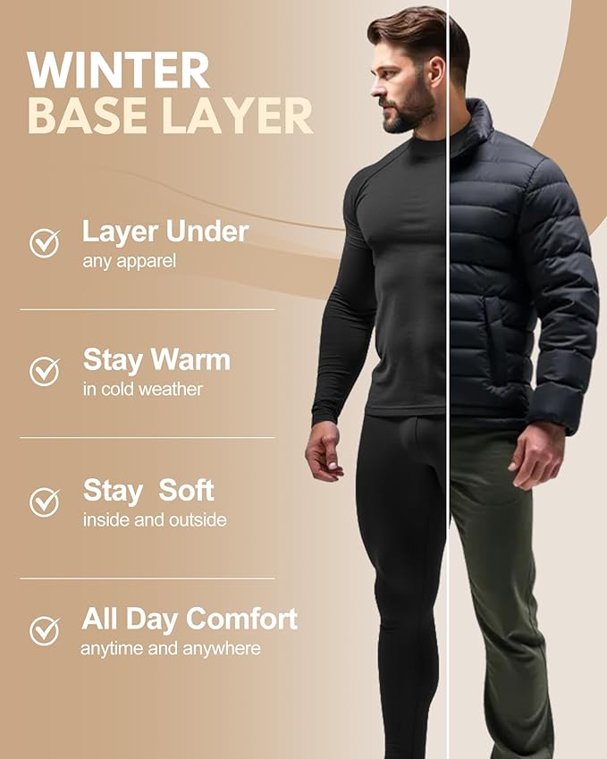CL convallaria Thermal Underwear for Men Long Johns Fleece Lined Hunting Gear Set Base Layer for Cold Weather XS-4XL