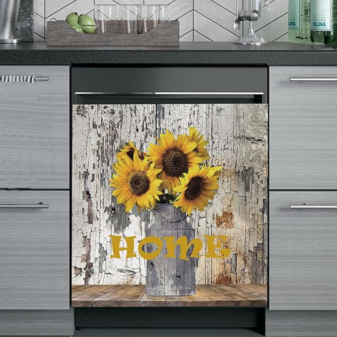 Farmhouse Vintage Dishwasher Magnet Cover Decorative,Painting Sunflower Dishwasher Cover For The Front,Dishwasher Magnetic Sticker Fridge Decal Refrigetor Magnets Appliance Cover 23"x26"