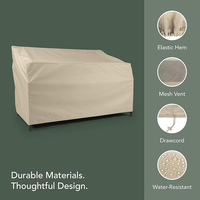 Covermates Elite Outdoor Patio Sofa Cover – Water-Resistant 300D Polyester, Double-Stitched Seams, Elastic Hem, Auto-Locking Drawcord & Mesh Vent for Moderate Weather, 66W x 34D x 38H, Khaki