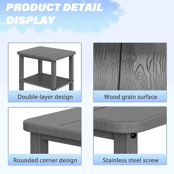 Ayge 17.7" Double Outdoor Side Table, Rectangular HDPE Adirondack End Table for Patio, Lawn, Pool, Garden, Backyard，Grey