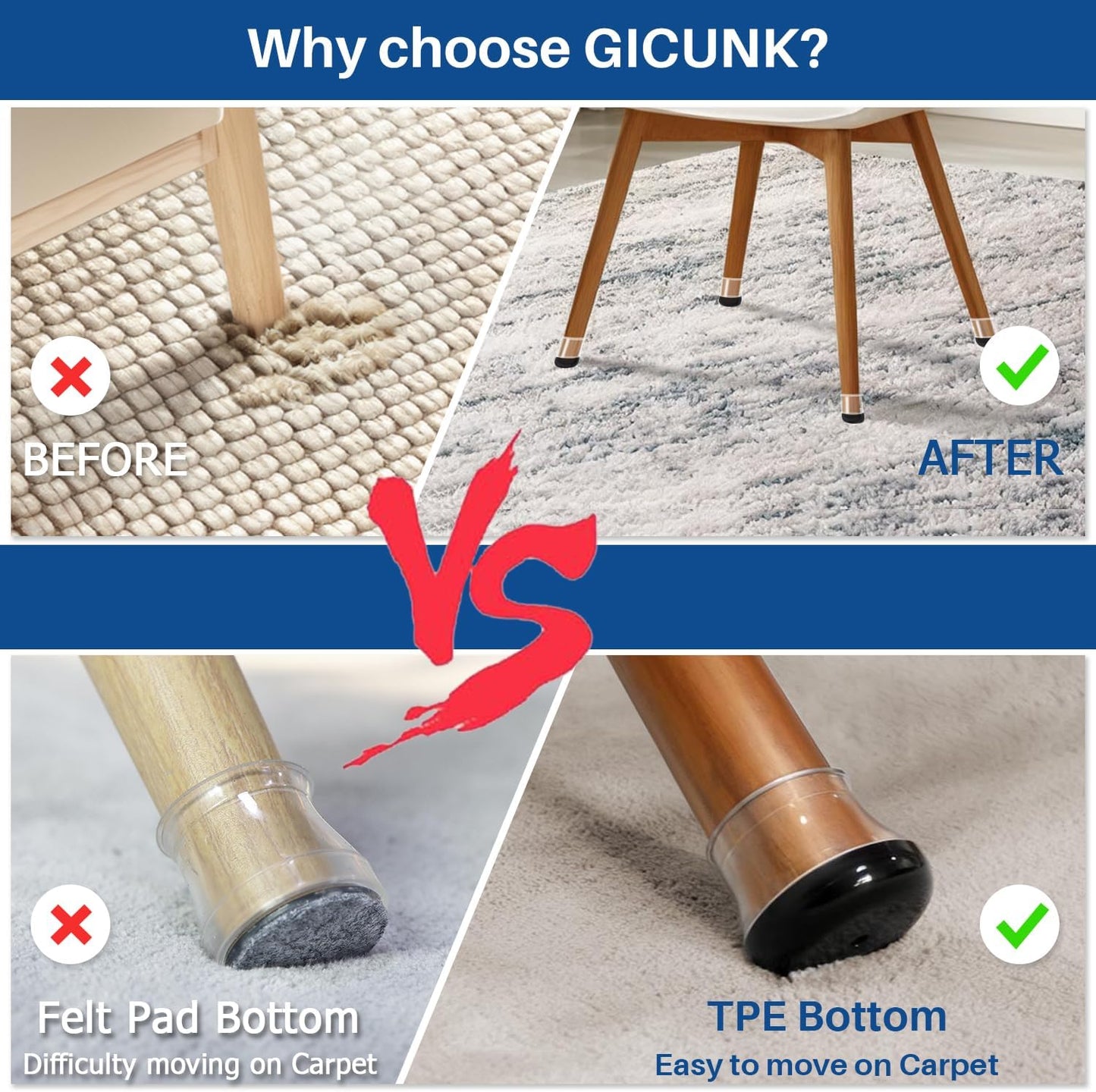 28 Pcs Chair Leg Sliders for Carpet, Square Chair Glides, Silicone Furniture Leg Protectors Caps, Carpet Protectors Table Feet Covers Cups, Teflon Furniture Pads Sliders (Fit:13/16" ~ 1")