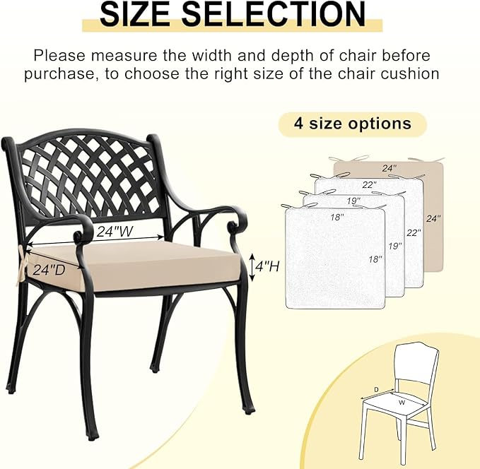 downluxe Waterproof Outdoor Chair Cushions for Patio Furniture, 24" x 24" x 4" Patio Chair Cushion with Adjustable Ties & Portable Handle, Square Outdoor Cushion with Removable Cover, Beige, 2 Pack