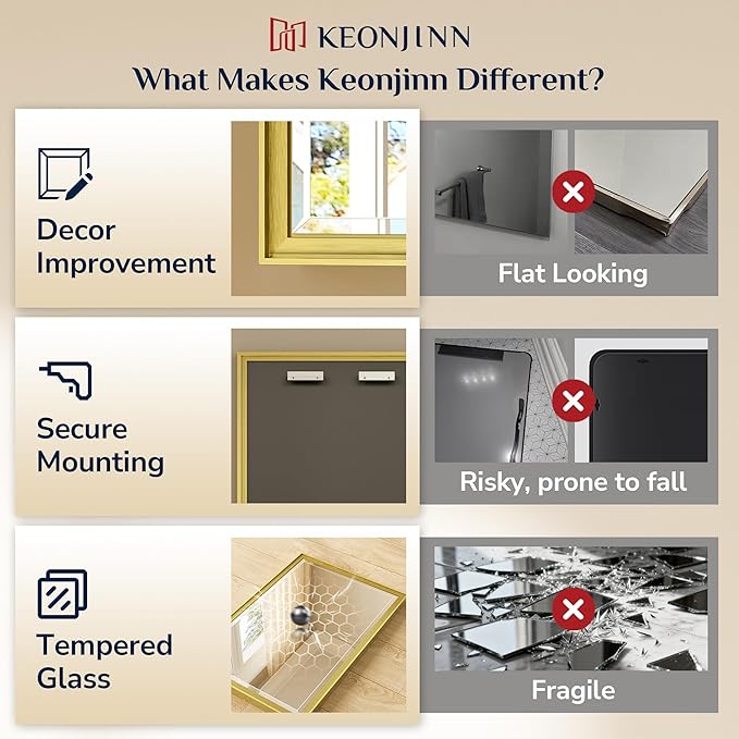 Keonjinn Brushed Gold Bathroom Mirror 24" x 30", Beveled Edge Tempered Glass