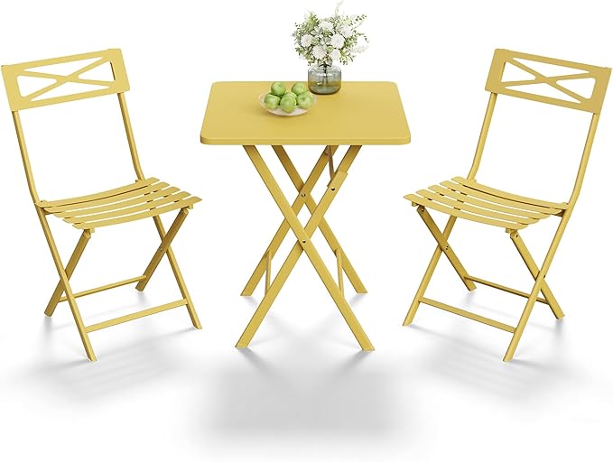 Outdoor Square Bistro Set 3 Piece, Yellow Iron Tube Patio Furniture Set with Square Table & 2 Chairs, Foldable Steel Backyard Deck Porch Garden , Space Saving Outdoor Dining Set for Small Spaces