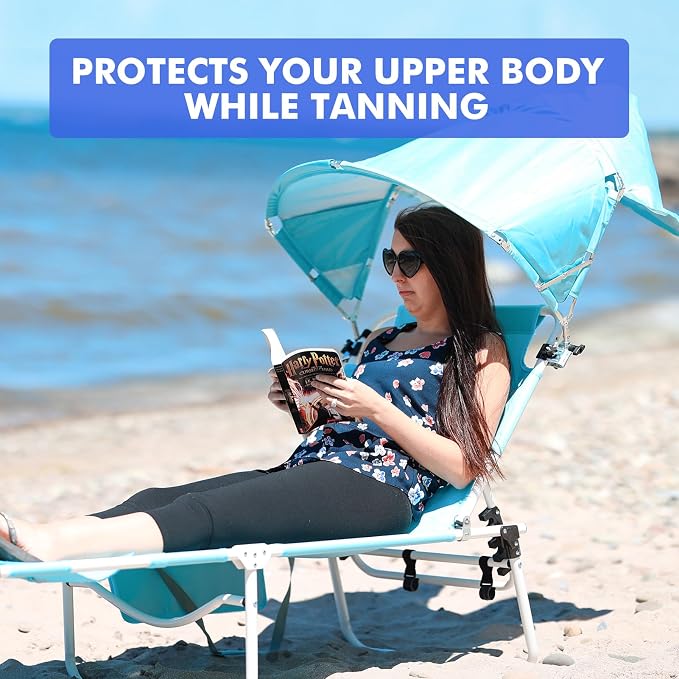 Tanning Chair with Sun Canopy Face Hole Softer Padded Adjustable Washable, Heavy Duty Layout Folding Lounge Chair for Adults Outside Beach Reading Sunbathing Poolside Lawn, UPF 50+ Sun Shade, 300 LBS