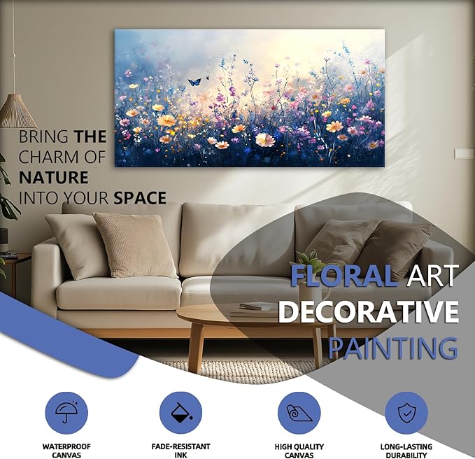 JLXART Canvas Wall Art Colorful Wildflower With Butterflies Wall Decor Purple and Yellow Poppy Floral Artwork Flowers Prints Paintings for Living Room Home Decorations,24x48inch