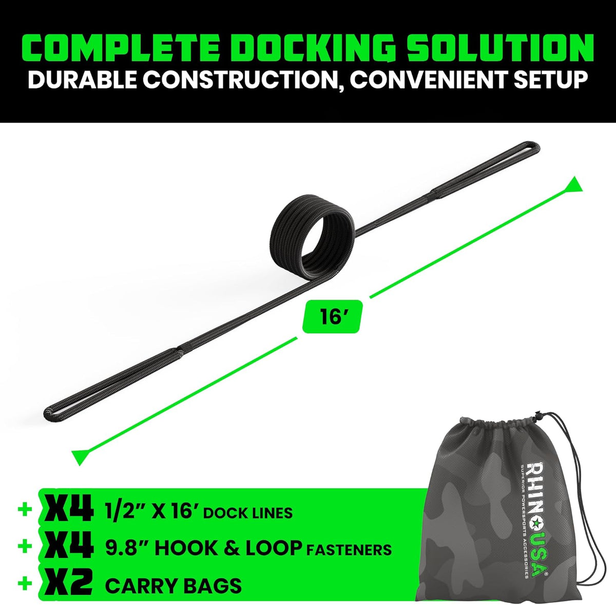 Rhino USA Dock Lines - Heavy Duty 1/2" x 16' Marine Grade Rope for Boats, Kayaks & Pontoons - Black