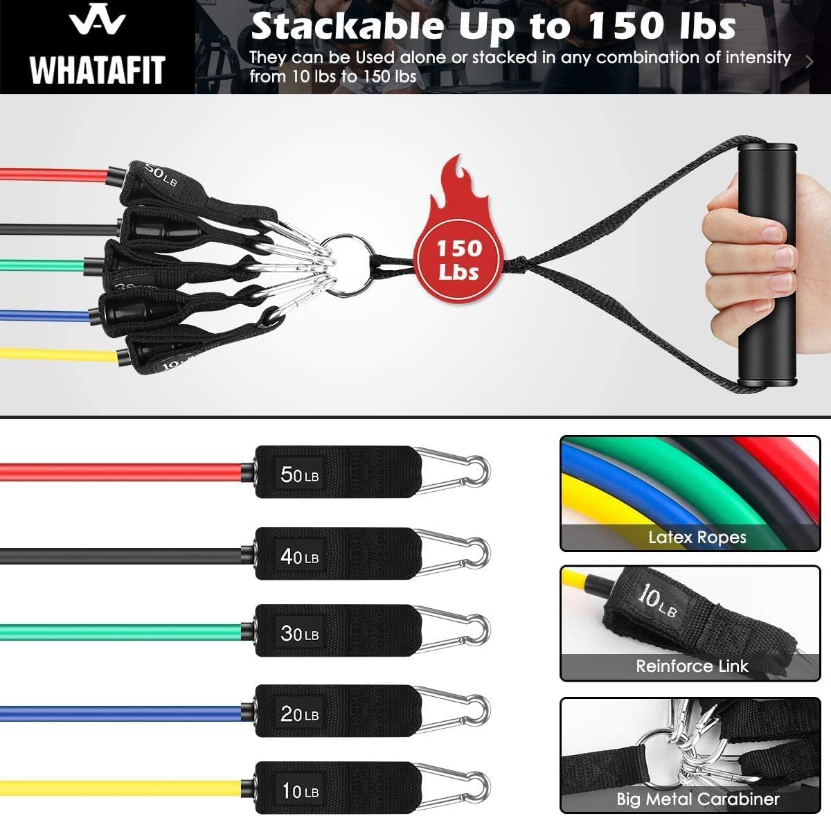 WHATAFIT Resistance Bands, Exercise Bands，Resistance Bands for Working Out, Work Out Bands with Handles for Men and Women Fitness, Strength Training Home Gym Equipment