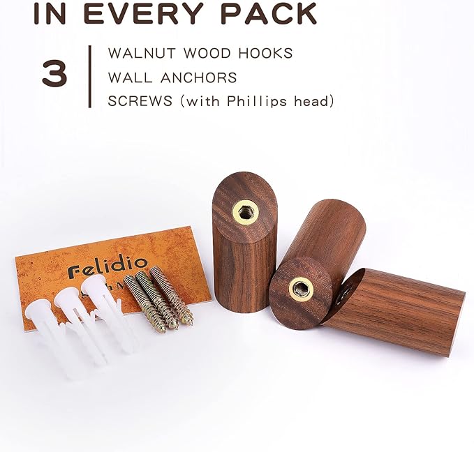 Felidio Wood Wall Hooks, 3 Pack Rustic Coat Hook Wall-Mounted, Decorative Hooks