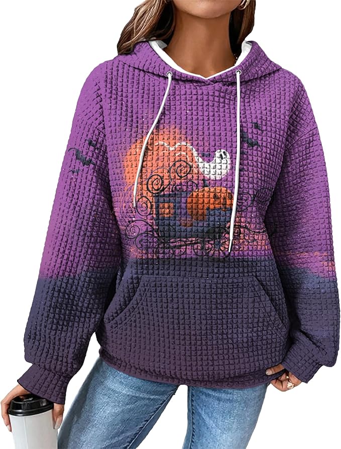 Halloween Sweatshirts for Women Novelty Graphic Drawstring Waffle Hoodies Loose Casual Pullover Tops with Pocket