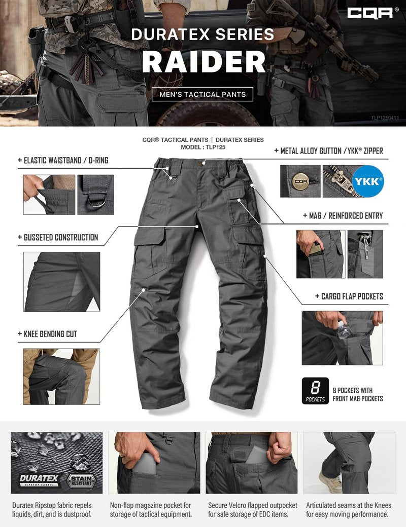 CQR Men's Tactical Pants, Water Resistant Ripstop Cargo Pants, Lightweight EDC Work Hiking Pants, Outdoor Apparel, Duratex Mag Pocket Charcoal, 44W x 32L