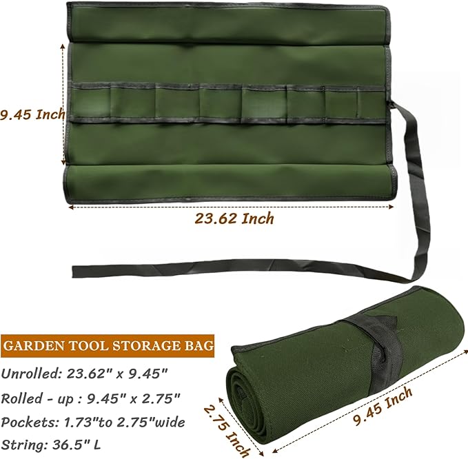 BLIRITEL Garden Roll Up Tool Bag, Canvas Bonsai Tools Roll with 8 Pockets, Multifunctional Tool Bag Organizer for Bonsai Tool Kits Storage, Wrench Roll Tool Pouch (Bag Only, Tools Not Include)