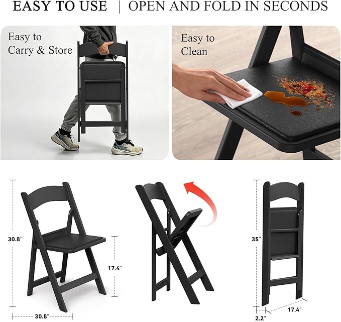 Nazhura Garden and Patio Folding Chair Set of 4 for Events and Wedding, Lightweight with Padded Seat, Water-Proof, Double Braced Frame, Non-Slip Feet, 900LB Capacity (Black)