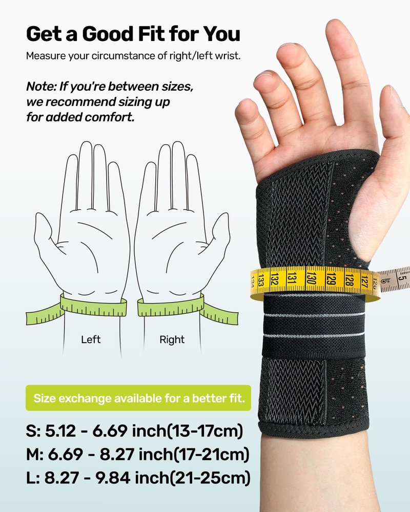 Rakiie Carpal Tunnel Wrist Brace Left Hand, Adjustable Night Wrist Support with 3 Metal Splints, Hand Brace for Men Women No Pressure on Thumb, Splint Stabilizer for Work, Arthritis, Gray Medium