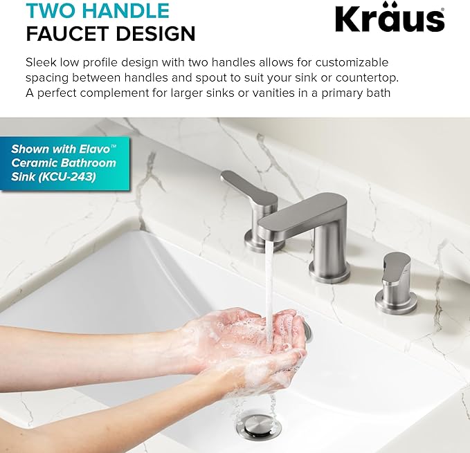 KRAUS Indy Widespread Bathroom Faucet in Spot-Free Brushed Nickel with 2 Handles, Pop Up Drain and Supply Lines, FUS-14103SFBN