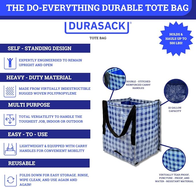 DURASACK Heavy Duty Storage Tote Bag 22-Gallon Rugged Woven Polypropylene Moving Bag, Reusable Self-Standing Design, Holds up to 500 Pounds, Pack of 4, Gingham Multicolored