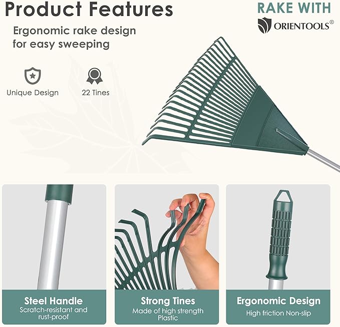 Garden Rake, 22" Leaf rakes with Foldable Lightweight Steel Handle, 22 Tines Plastic Yard, Folding Shrub Rake for Lawns, Grass, Flower Beds Leaves Cleaning