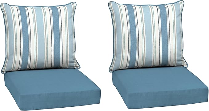 Arden Outdoor Deep Seat Cushion Set (2-Pack), 24 in x 24 in, Weather-Proof, Rain-Proof, Fade Resistant Patio Cushion for Chair, Sofa, and Couch French Blue Linen Stripe