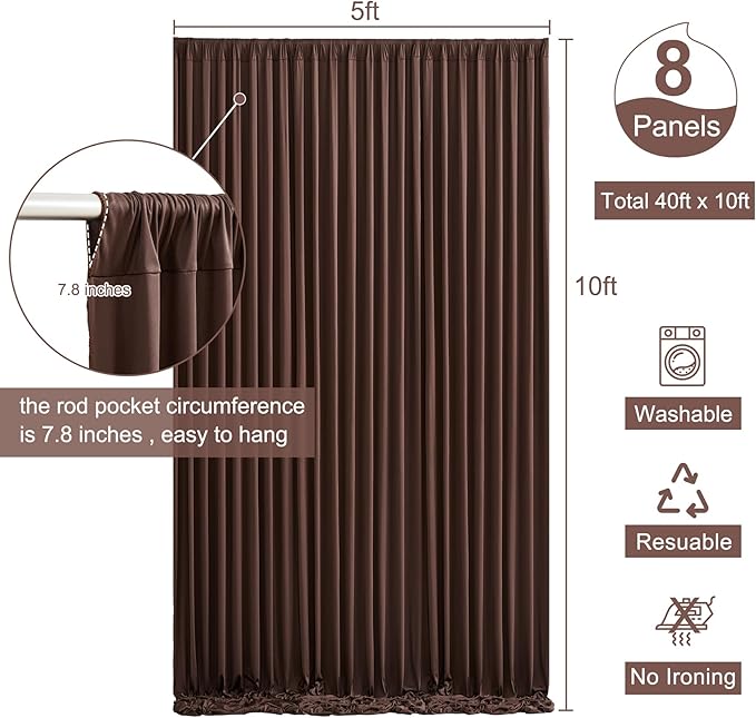 8 Panels Brown Backdrop Curtain for Parties Wedding Wrinkle Free Brown Photo Curtains Backdrop Drapes Fabric Decoration for Birthday Party Baby Shower 40ft(W) x 10ft(H)