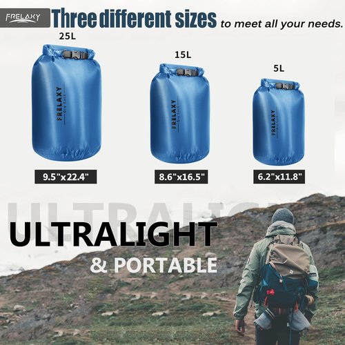 Frelaxy Waterproof Dry Bag Set - Lightweight & Durable 5L, 15L, 25L for Hiking, Camping, Kayaking | 3 Pack - Blue