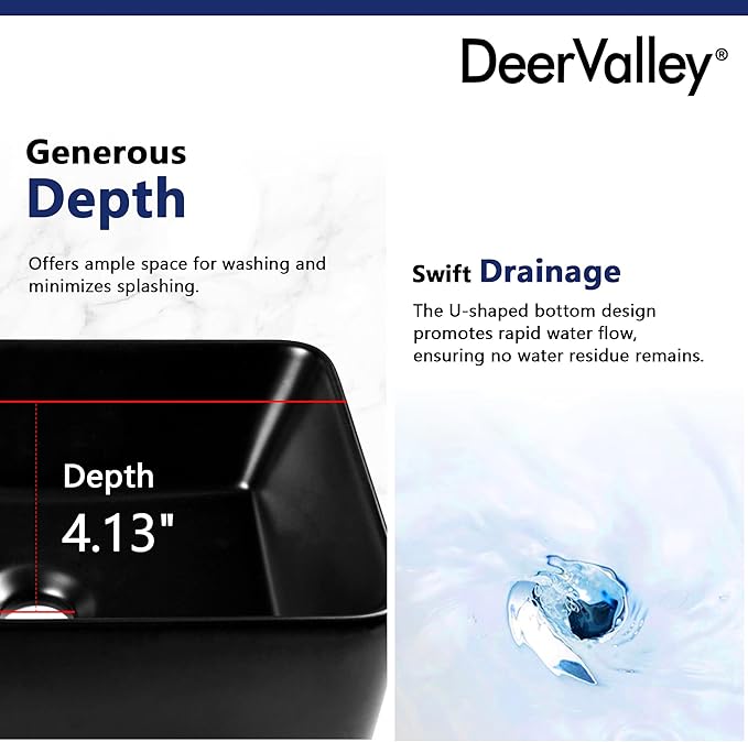 DeerValley 16x12 Inch Black Rectangular Vessel Sink, Above Counter Porcelain Ceramic Top Mount Sink, Countertop Vanity Art Basin for Bathroom, DV-1V0048B