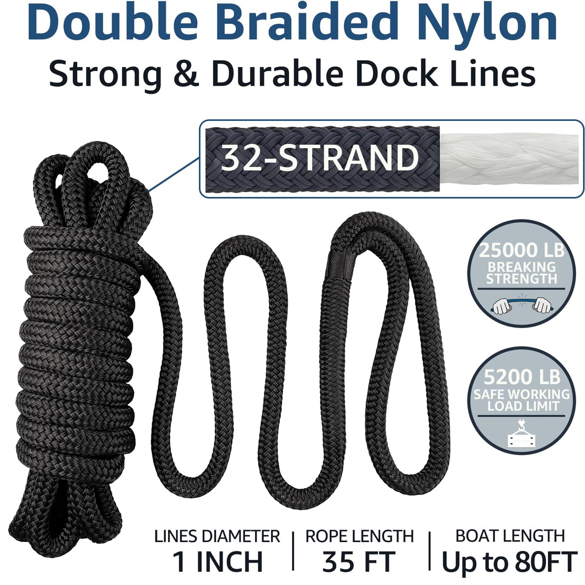 PACTHSD 2 Pack 1" x 35' Dock Lines - Marine Grade Nylon Boat Rope with 24" Loop for Docking and Mooring - Double Braided Boat Lines, High Strength, Heavy Duty, Easy Handling, Fray Resistant - Black
