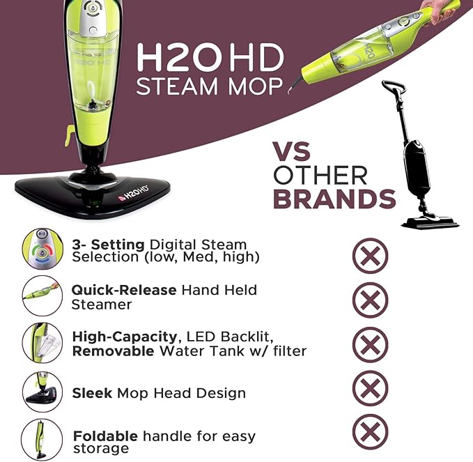 H2O HD Steam Mop & Handheld Steam Cleaner | 3-in-1 Floor Steamer | 1500W Power & 450ml Removable Tank | Foldable Storage | Hardwood, Tile & Laminate Cleaner