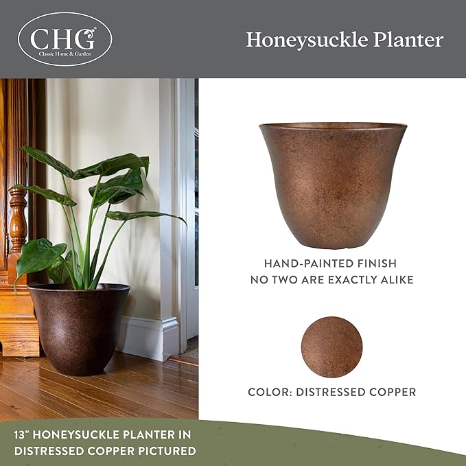Classic Home and Garden by Growscape Honeysuckle Resin Planters - Lightweight Indoor & Outdoor Plant Pots - UV-Resistant Plastic Flower Pots - Pot Planters for Flowers & Herbs (15" Distressed Copper)