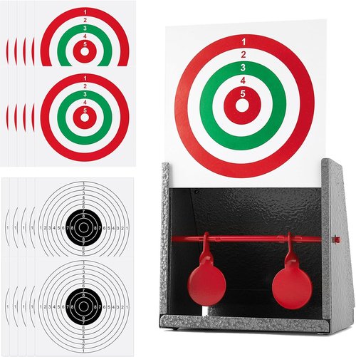 GearOZ BB Gun Target Trap - Catch Box with 20 Shooting Papers & Spinning Metal Silhouettes | Small Size for Indoor & Backyard Use