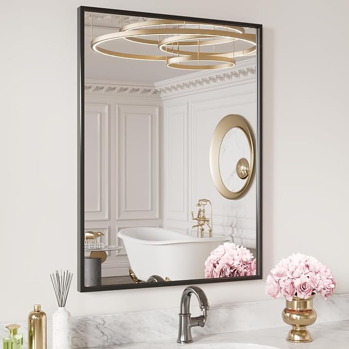 LOAAO 24"X32" Black Rectangle Bathroom Mirror Wall, Matte Black Aluminum Alloy