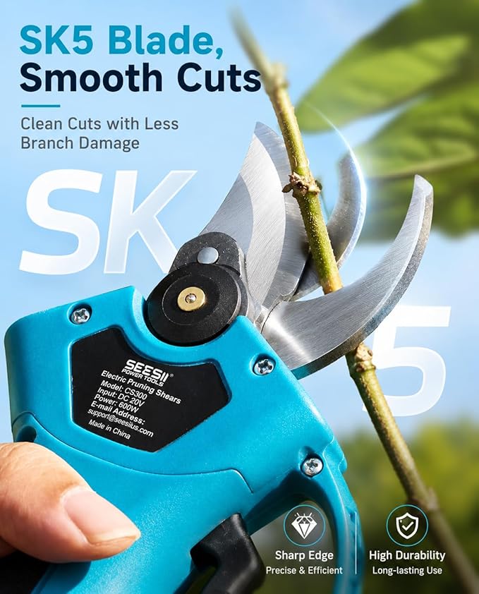 SEESII Electric Pruning Shears, 1.4" Cutting Cordless Power Pruner, 2 * 2000mAh Batteries, Brushless Motor, Extra SK5 Blade, 2 Modes Battery Powered Branch Cutter for Garden Tree Trimming