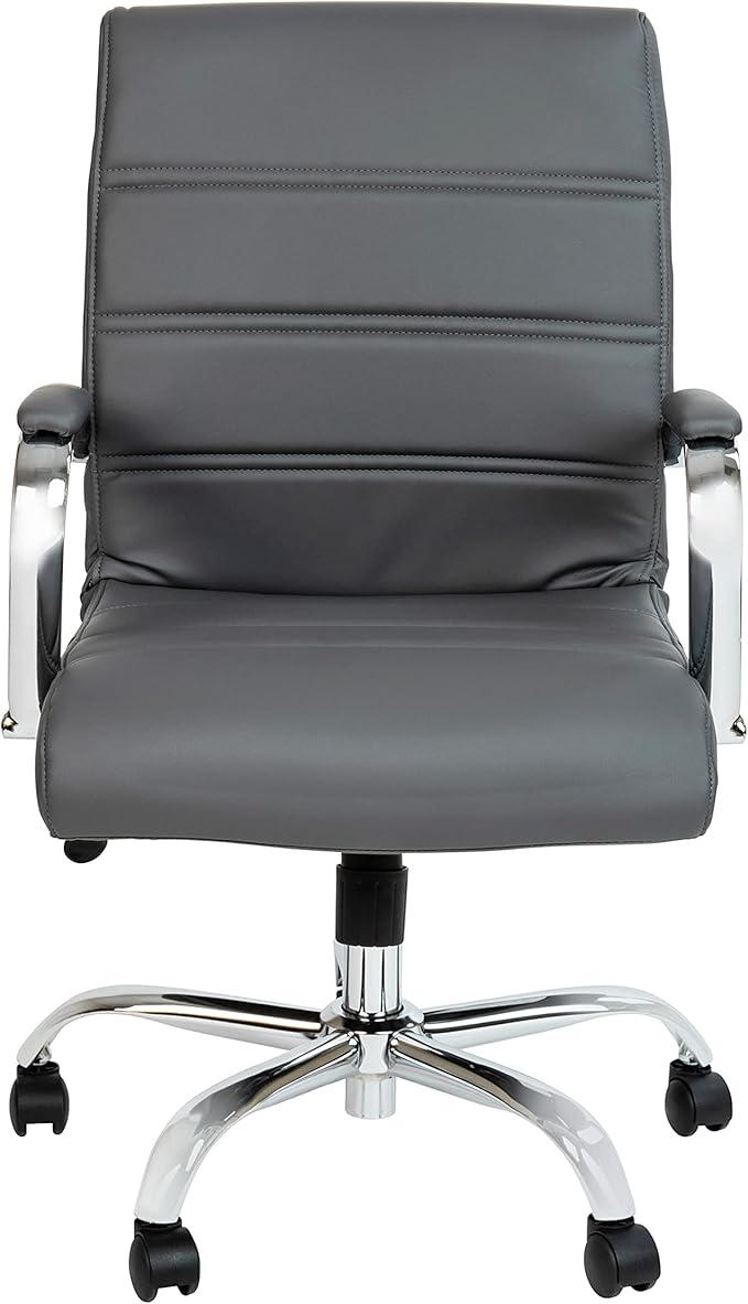 Flash Furniture Whitney Mid-Back Swivel LeatherSoft Desk Chair with Padded Seat and Armrests, Adjustable Height Padded Office Chair, Gray/Chrome