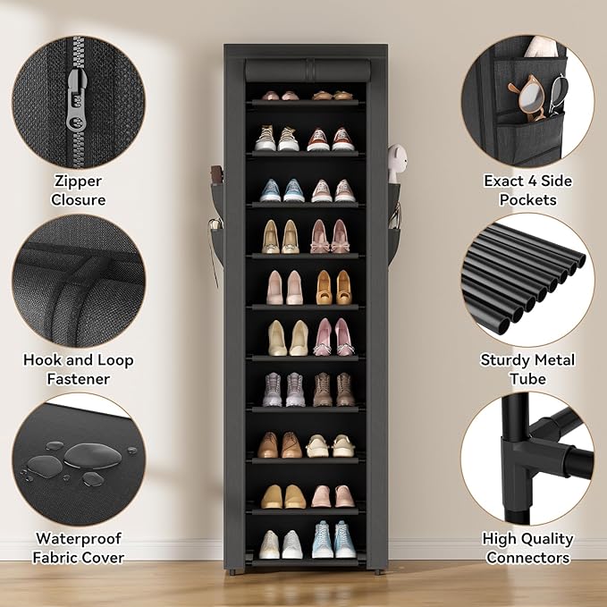 ROJASOP Shoe Rack with Covers 10 Tier Large Shoe Organizer Tall Shoe Closet Storage for 20-22 Pairs Shoe and Boot, Free Standing Shoe Rack Organizer for Closet, Entryway, Bedroom, Black