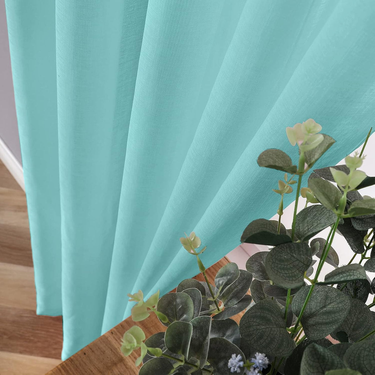 Tollpiz Sheer Curtains Linen Textured Living Room Curtain Sheers Light Filtering Rod Pocket Voile Curtains for Bedroom, 42 x 63 inches Long, Crystal Blue, Set of 2 Panels