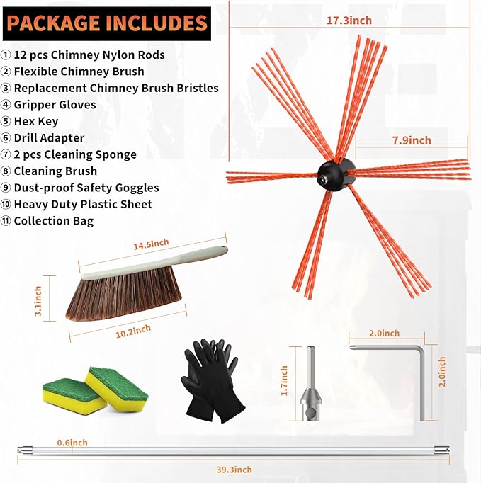 Sealegend 39 Feet Chimney Sweep Kit Chimney Brush, Chimney Cleaning Kit and Rotary Chimney Cleaning System, Fireplace Brush Tool with 12 Nylon Flexible Rods