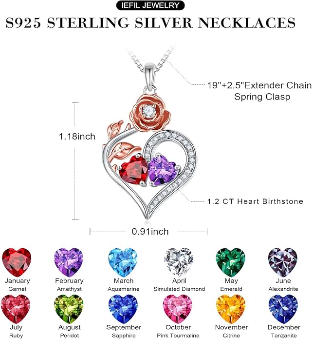 Iefil Rose Heart Birthstone Necklaces for Women - 925 Sterling Silver Double Birthstone Necklace, Anniversary Birthday Gifts for Women, Jewelry Gifts for Wife Her