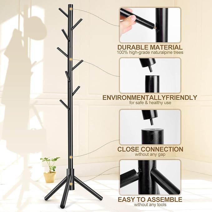 Solid Wooden Coat Rack Freestanding, New Zealand Pine Coat Tree with 8 Hooks & 3 Adjustable Sizes for Coats, Hats, Handbags and Scarves, Space Saving for Entryway/Office/Bedroom (Black)