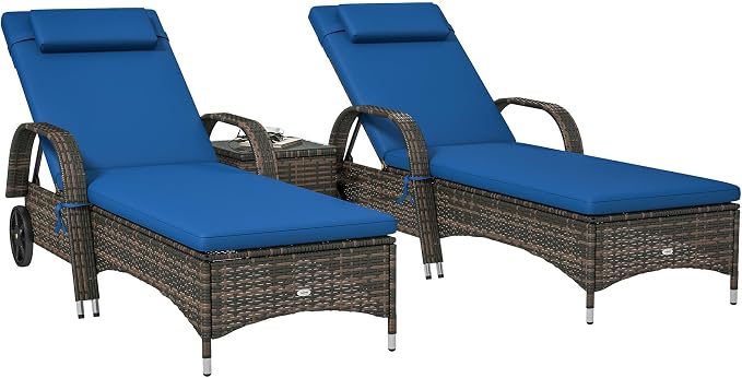 Outsunny Wicker Outdoor Chaise Lounge Chair Set of 3 with Side Table, 5-Level Adjustable Backrest PE Rattan Pool Lounge Chair with Wheels, Cushion & Headrest, Blue