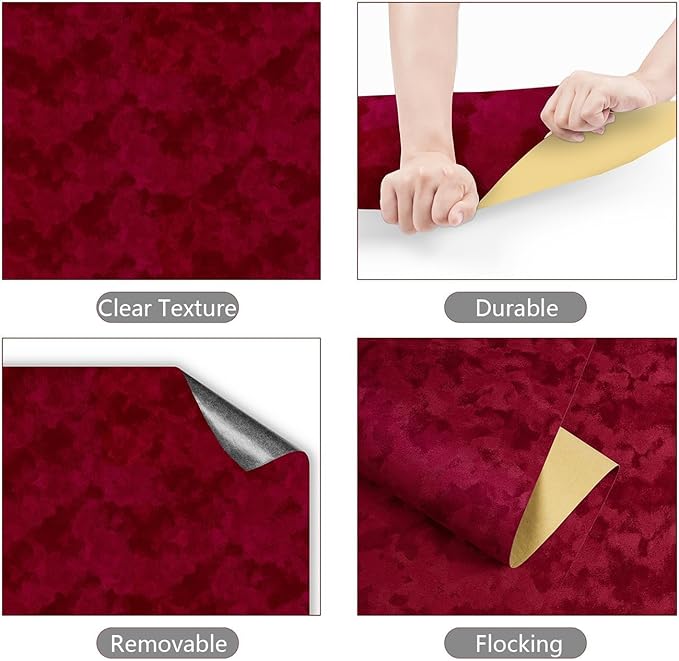 YENHOME 30"X118" Red Velvet Fabric Wallpaper Textured Vintage Velvet Peel and