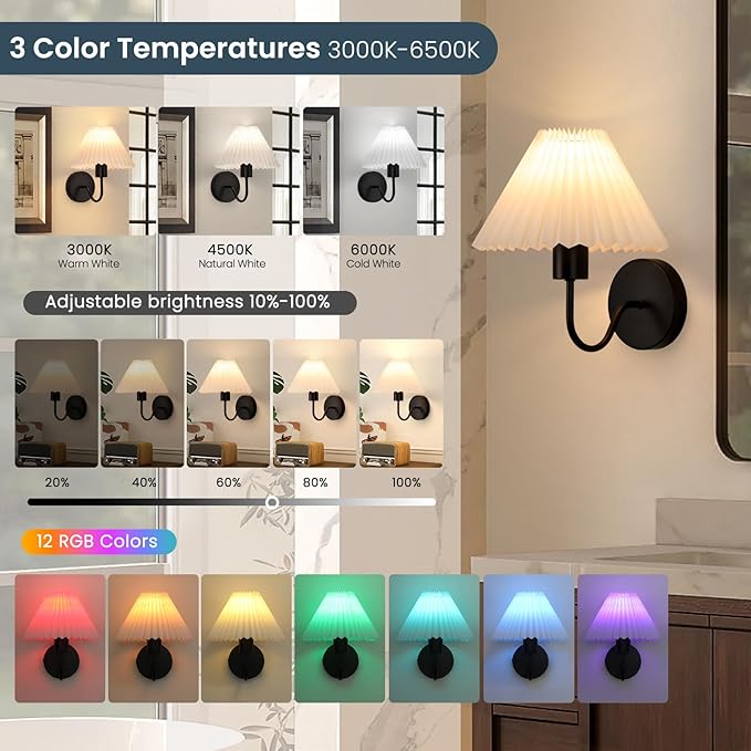 Rechargeable Battery Operated Wall Sconce Sets of 2, 15 Colors Wireless