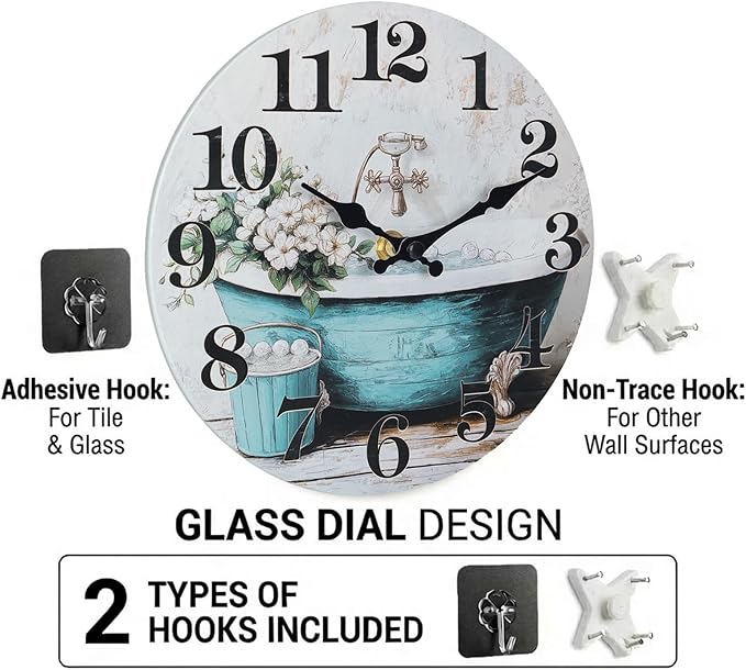 Bathroom Wall Clock, Rustic Style Waterproof Glass Shower Clock Wall Clock