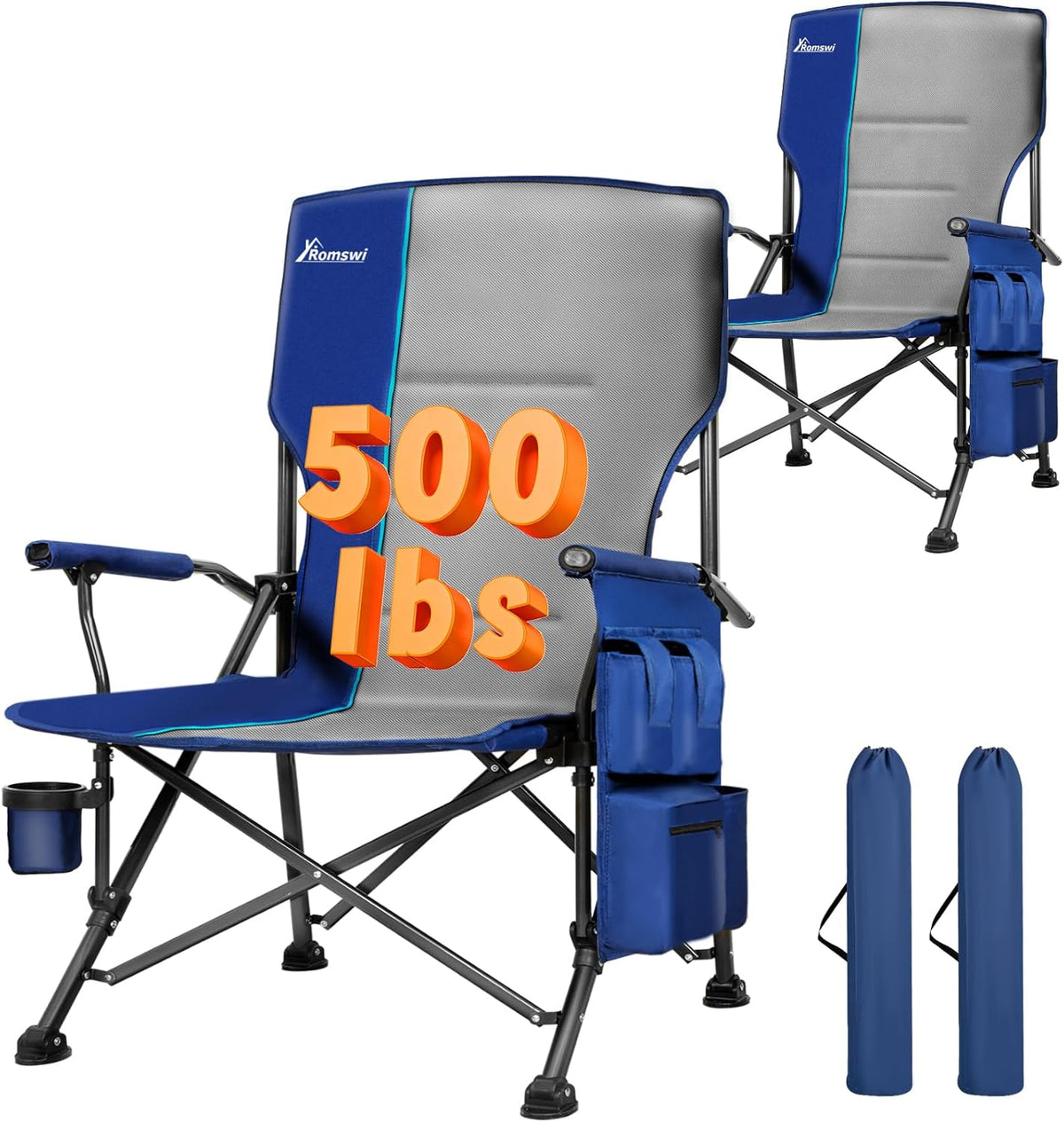 Romswi Heavy Duty Oversized Camping Chairs - 500 LBS Capacity | 2-Pack with Cup Holder & Side Pocket